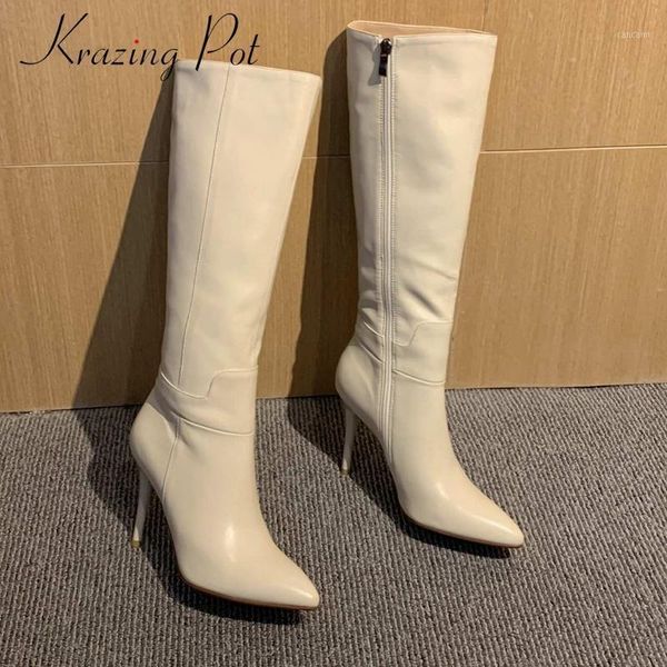 

krazing pot big size high street fashion natural leather nightclub winter pointed toe super high heel zipper knee-high boots l291, Black