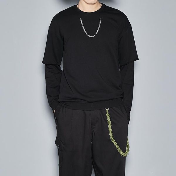 

men's hoodies & sweatshirts hong kong style autumn original fashion personality chain decoration fake two slim long-sleeve hoodie trend, Black