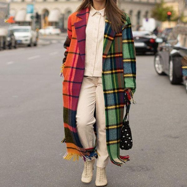 

women wool blends coats overcoat winter warm clothes wool outwear long black white plaid blends plus size woolen coat women