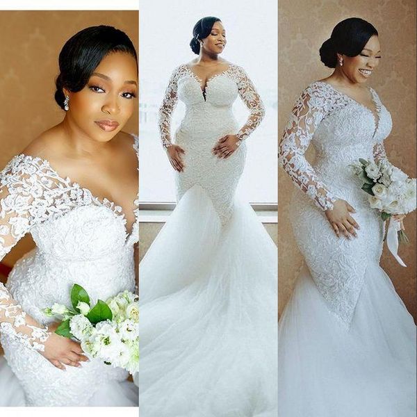 

2022 arabic vintage mermaid wedding dresses long sleeves jewel neck illusion lace appliques chapel train crystal beads plus size bridal gown, White