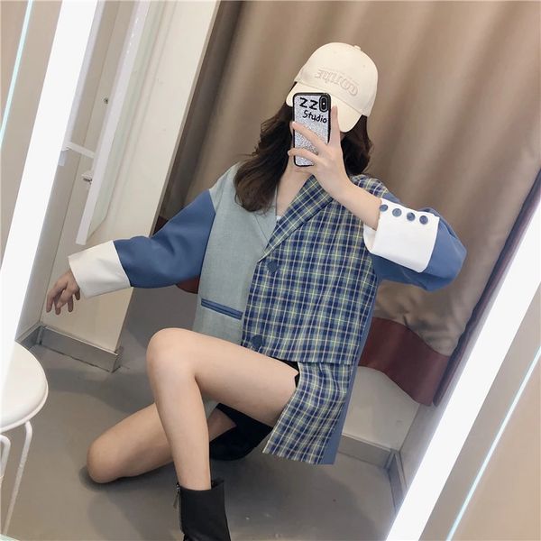 

women's suit coat 2021spring autumn new korean loose lattice contrast color stitching fashion personality short lapel jacket, White;black