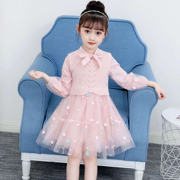 

woolen girls princs 2021 spring and autumn new children's knitted vt two piece drs, Red;yellow