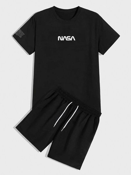 

extended sizes men letter graphic tee & drawstring waist shorts 87tl#, Gray
