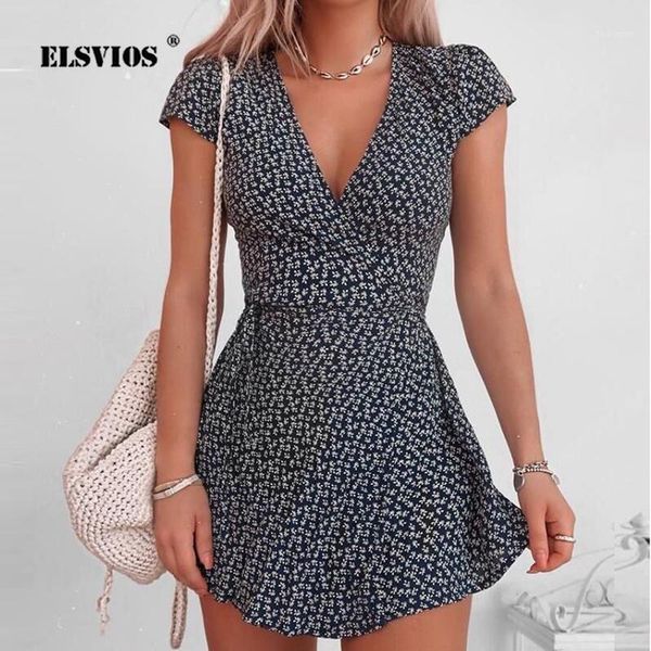 

2020 women v neck short sleeve summer beach dress elegant floral print a-line mini dress female vintage casual dresses vestidos1, Black;gray