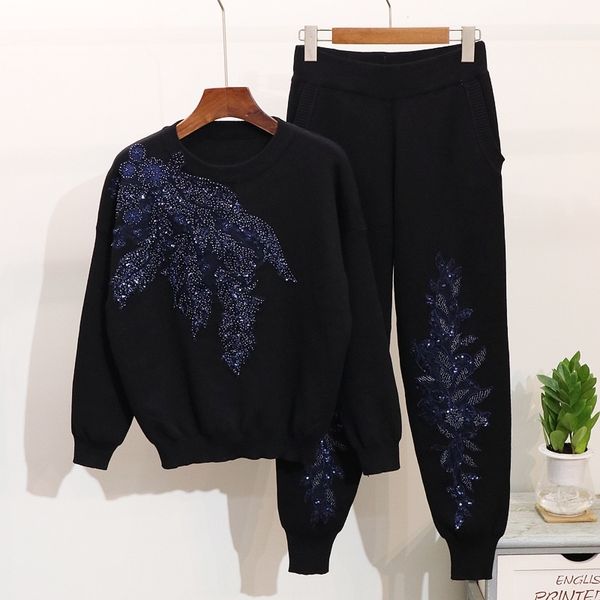 

autumn women embroidered sequins flower long sleeve sweaters + casual pants two piece student knitted tracksuit women set y200110, White