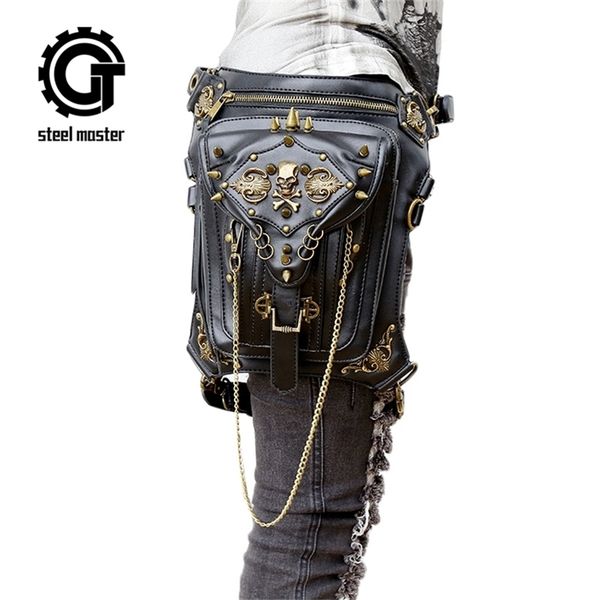

fashion gothic steampunk skull retro rock men women waist shoulder phone case holder vintage leather messenger bag y201224