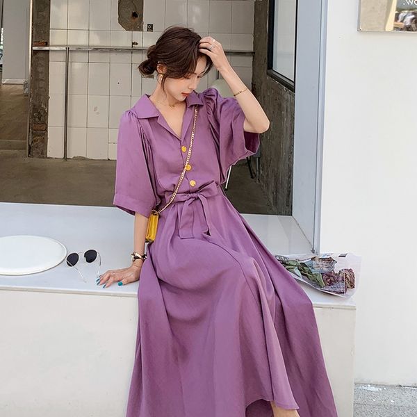 

french style long purple chiffon women's summer 2020 new elegant waist dresslong skirt dress slimming bubble sleeve platycodon grandifl, Black;gray