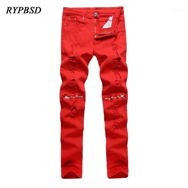 

mens ripped jeans skinny hole jeans pencil pants slim biker black white fashion hip hop destroy stretch zipper trousers1