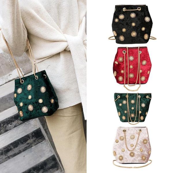 

elegant velvet bucket shoulder bag women floral print soft chain messenger bags female handbag purses bolsas feminina muje