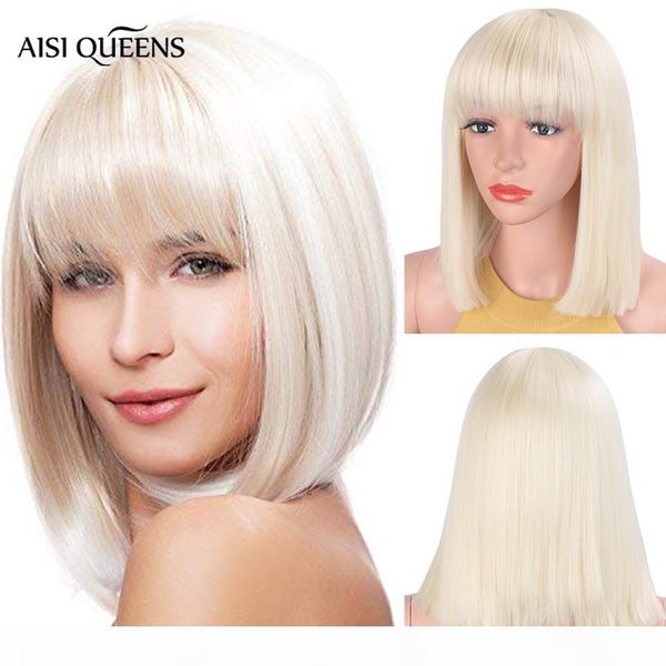 

aisi queens синтетических парики с челкой прямым светловолосого короткого природного бобом париком для черных белой женщины высокой температ, Black