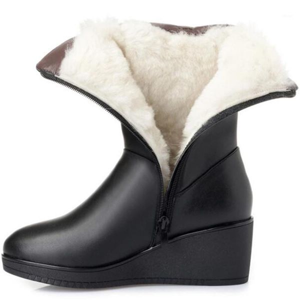 

boots 2021 winter snow women comfort warm inside plush wool wedges genuine leather shoes in-tube knight1, Black