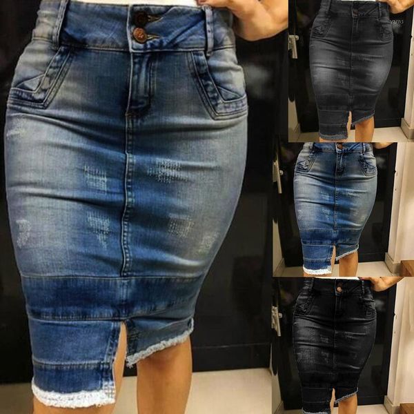 

jaycosin plus size women ripped destroyed bodycon street style splice denim skirt high waisted split jeans skirts falda s-5xl1, Black