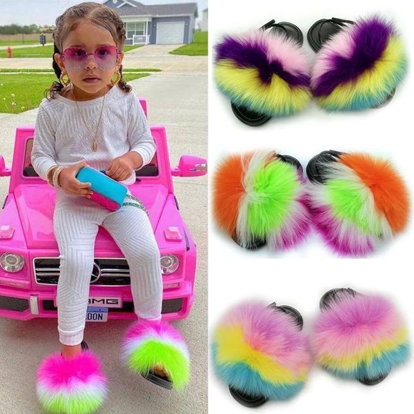 

girls fluffy raccoon fur slides children's real fox fur slippers cute furry striped plush sandals non-slip heel strap baby shoes #eu3o, Black