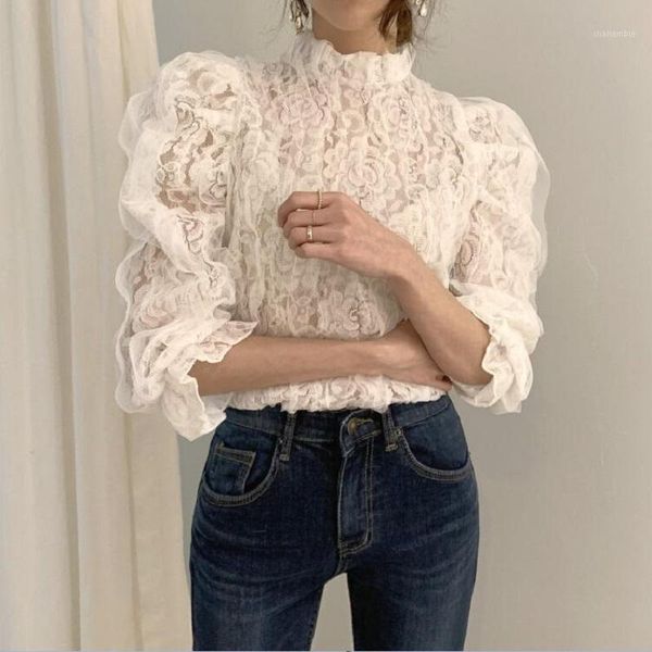 

new fashion women blouse 2020 mesh lace shirt crochet flower blouses stand collar puff sleeve shirts female hollow out 1, White