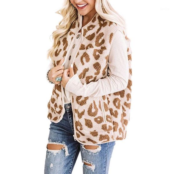 

women fuzzy sherpa fleece , lightweight leopard print sleeveless zip up jacket with pocket1, Black;brown