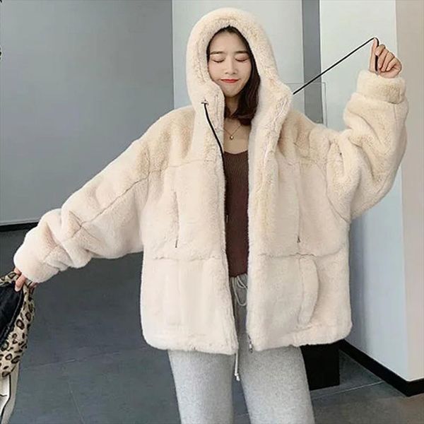 

womens fur jacket famale loose faux rabbit fur zip hooded thicken 2020 winter short coat excellent texture thick fur, Black
