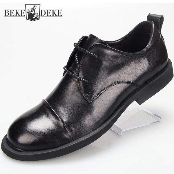 

качество mens черный натуральная кожа обувь круглый toe узелок увеличить офис мужской формальное платье обувь классический бизнес повседневн, Black