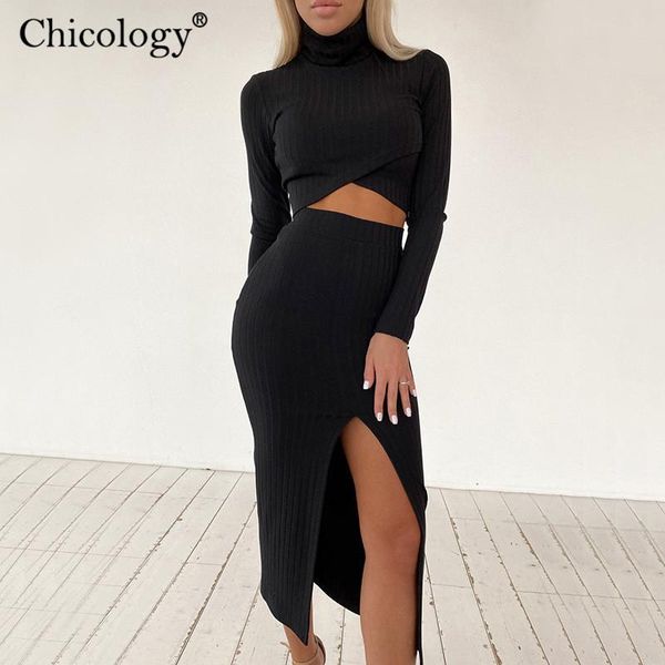 

chicology autumn winter skirt two piece set long sleeve crop women 2021 clothes elegant party club lady fashion outfits, Gray