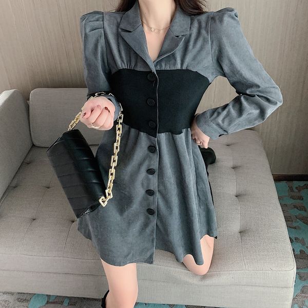 

autumn 2020 new style bubble breasted a-line short skirt long sleeve color contrast shirt women's dress