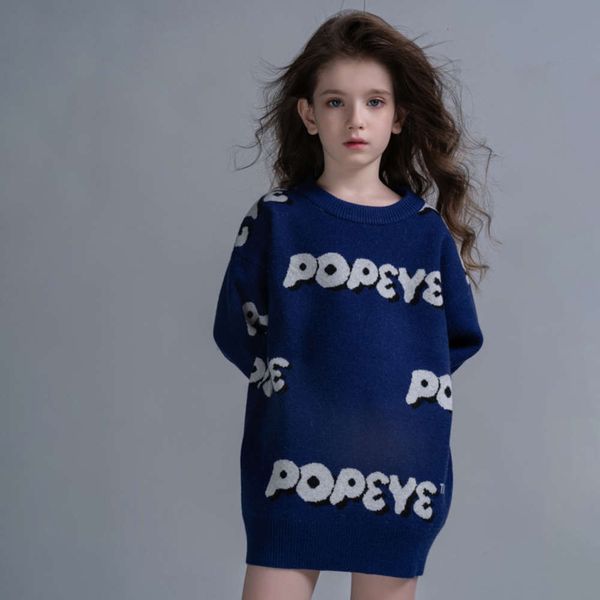 

cartoon jacquard length girl's letter medium sweater cx55, Blue