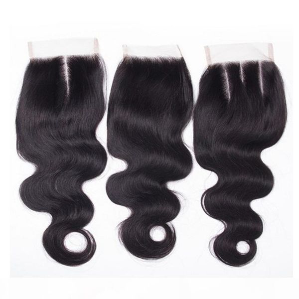

brazilian virgin mix texture human hair 4x4 lace closures pieces with bleached knots middle three part stock, Black;brown