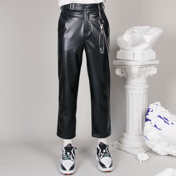 

2021 New S-6xl!! Japanese Original Retro Minimalist Design Button Leather Decoration Nine Straight Leg Casual Male Pants in Fall. VNKU, Black