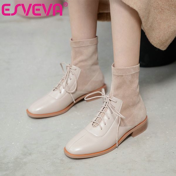 

esveva 2021 flock+pu round toe square low heel ankle boots women boots shoes western style black size 34-43