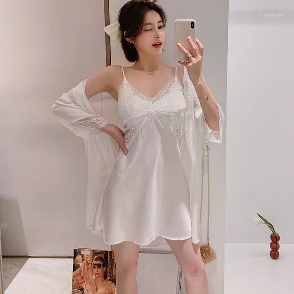 

women's sleepwear solid color lace nightgown beautiful korean suspender nightdress with chest pad ice silk two-piece homewear nightgown, Black;red