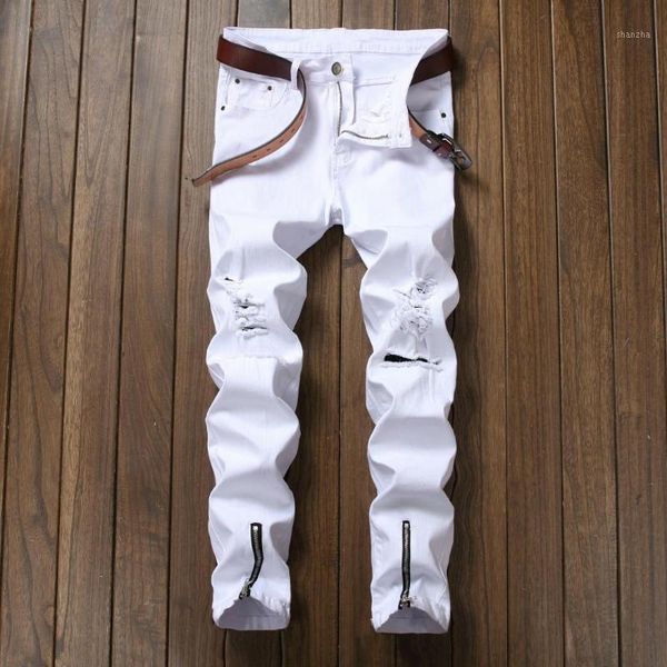 

mens white straight jeans leg zipper up design distressed ripped holes high stretch denim pants size 401, Blue