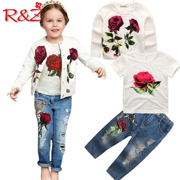 

r&z girls clothes set 2019 spring autumn new brand fashion rose 3pcs 2-9y kids long sleeves flower children clothing set k1 y200623, White