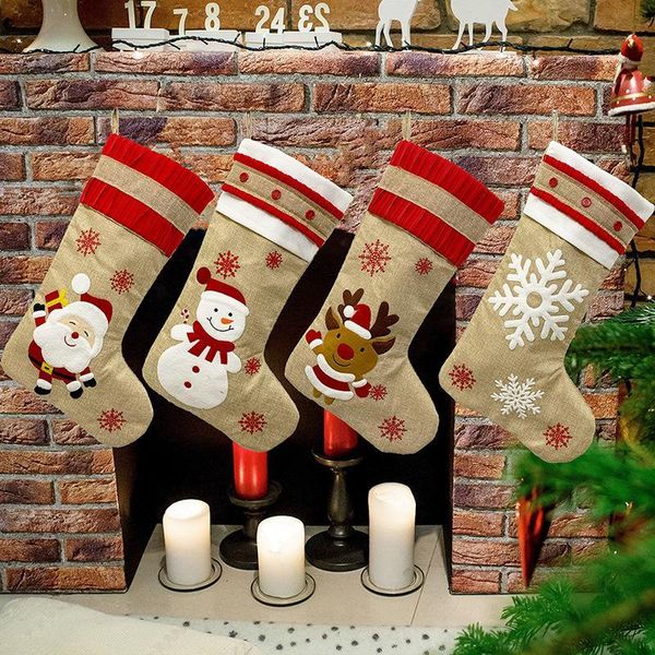 

18.8inch big christmas stockings burlap canvas santa snowman reindeer cuff family pack gift bags for xmas holiday party decor