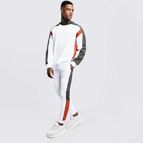 

causal mens tracksuit autumn casual harajuku men pant sets patchwork sweatshirt sweatpants male track suit streetwear, Gray