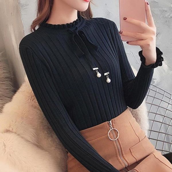 

2019 autumn winter new korean women collar sweater all-match long sleeved shirt slim one-neck female thread tight pullover sw3m1, White;black