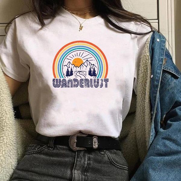 

women lady t shirt wander rainbow printed tshirt ladies short sleeve loose tee shirt women female clothes graphic t-shirt, White