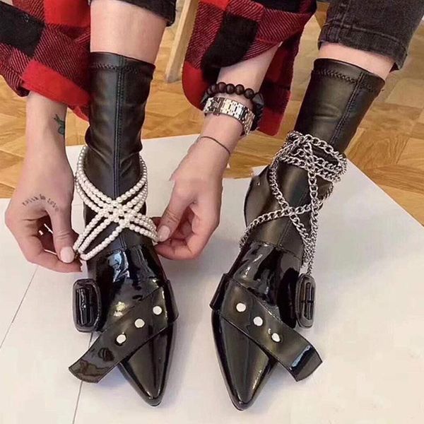 

boots [deat] 2021 pointed toe thin heel pearl chain pu leather single shoes women cool autumn and winter fashion tide sh073, Black