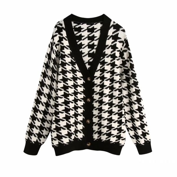 

women houndstooth knitting loose sweater casual femme v-neck long sleeve pullover high street lady loose sw899 201111, White;black