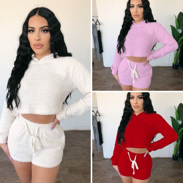 

plush hooded slim womens outsuits spring summer solid color casual women clothing 2 pieces fashionable sell clothing, White