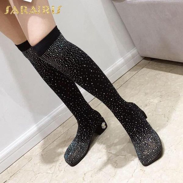 

boots sarairis elastic band ins crystal knee high woman shoes trendy chunky heels comfy sock female, Black