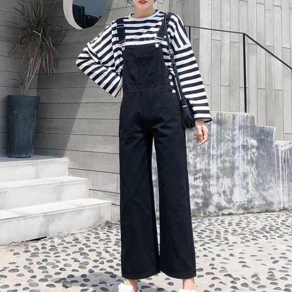 

fall 2020 women black jeans jumpsuit casual straight high waist white denim romper female sweet loose sleeveless denim overalls1, Black;white