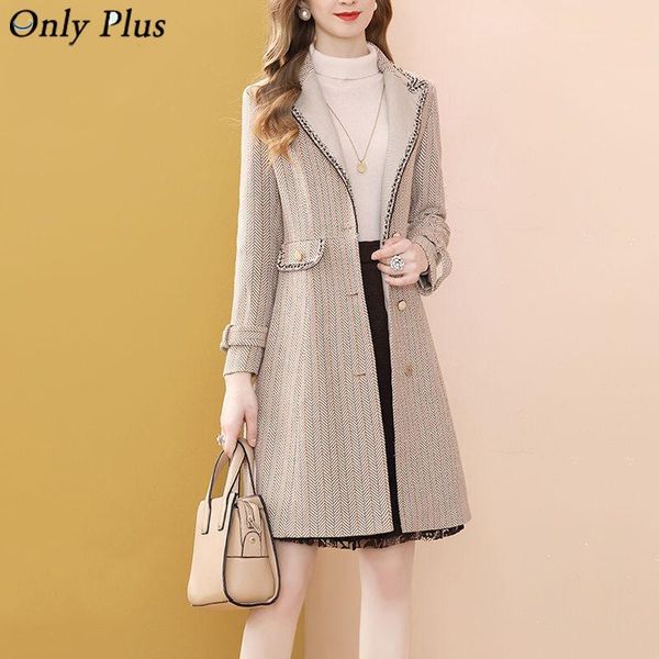 

women's wool & blends only plus khaki tweed outerwear long women winter vintage woolen single breasted slim type female thicker striped, Black