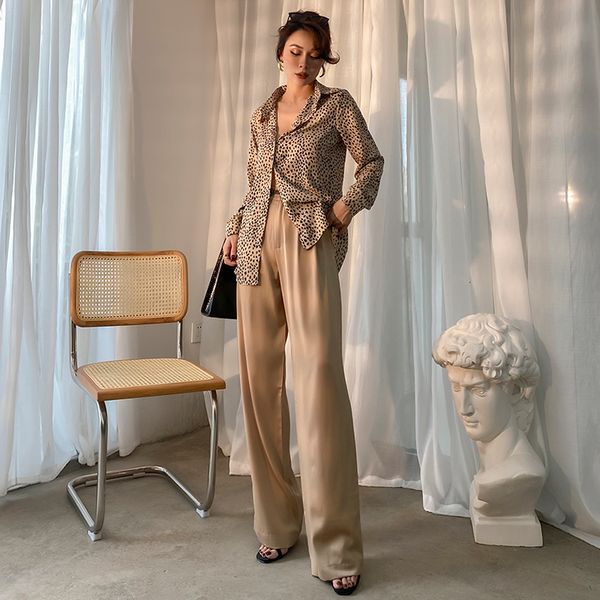 

2021 new fashionable cool naked drape thin fit of high waist rubbing broad legs fashion all-match female silk pants 8ay0, Black;white