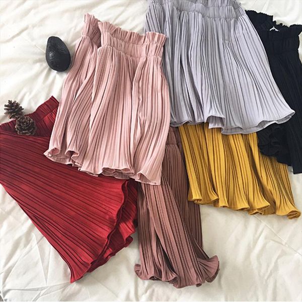 

2019 harajuku summer women skirts korean retro wave lace hem skirt waist chiffon femela pleated skirts faldas de mujer, Black