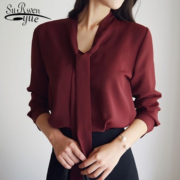 

spring new casual cute female loose shirts llong-sleeved bow tie korean loose chiffon shirt women's blouse 699c 30 y200828, White