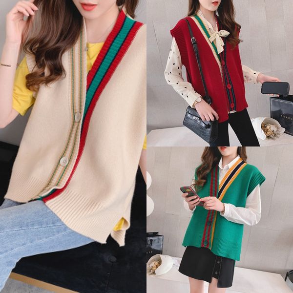 

autumn new loose color contrast v-neck sleeveless vest sweater women's korean fresh and sweet sweater vest cardigan lqkxg, White;black