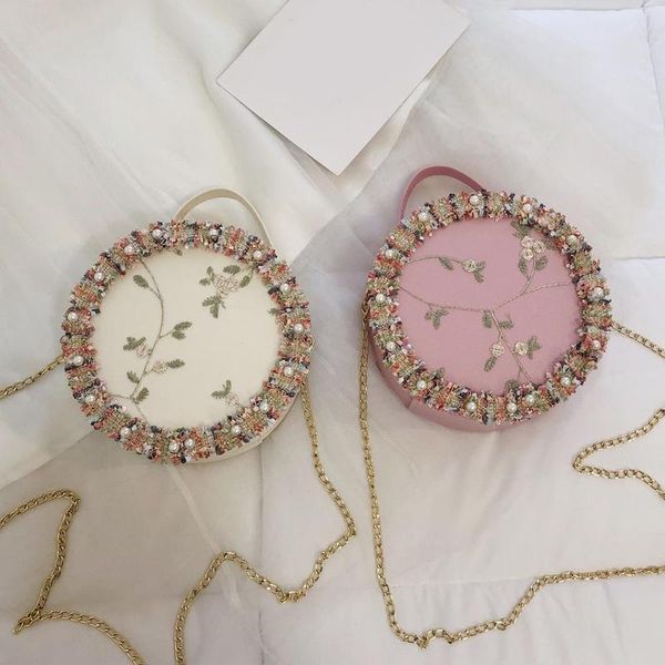 

fashion women round small shoulder bag pearl flower handbags chain totes