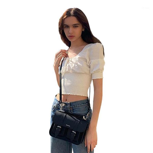 

2021 women summer pleated slim short blouse vintage lace up puff sleeve female shirts streetwear camisa mujer em*1, White
