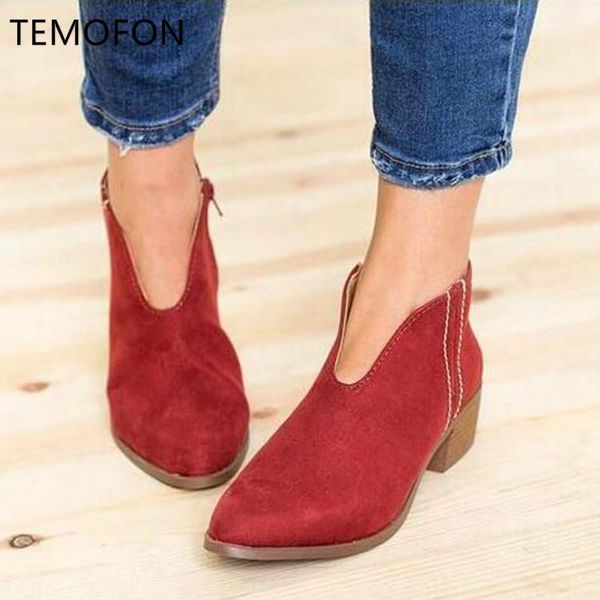 

temofon plus size ankle boots women square heel winter boots female shoes round toe black red women shoes botas de mujer hvt14031