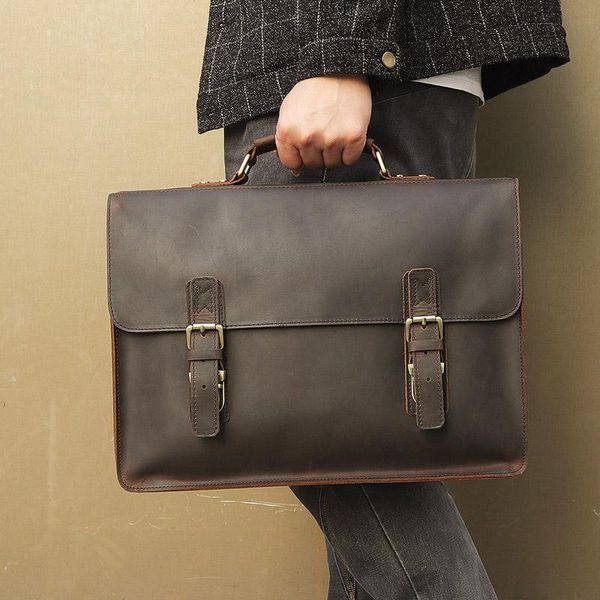 

15" lapbriefcase shoulder crossbody bags cow leather men male brown business travel vintage casual fashion handbags