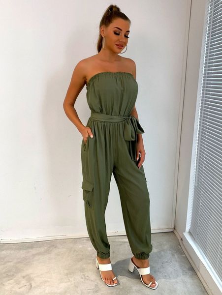 

joyfunear slant pocket belted tube jumpsuit 03uu#, White