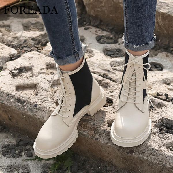 

boots foreada real leather motorcycle woman platform high heel ankle chunky shoes lace up short female beige 40, Black